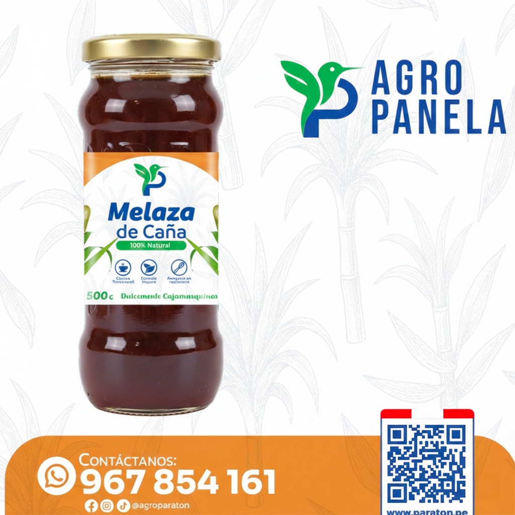 Melaza natural de caña envasado Frasco de VidrioX 500gr 